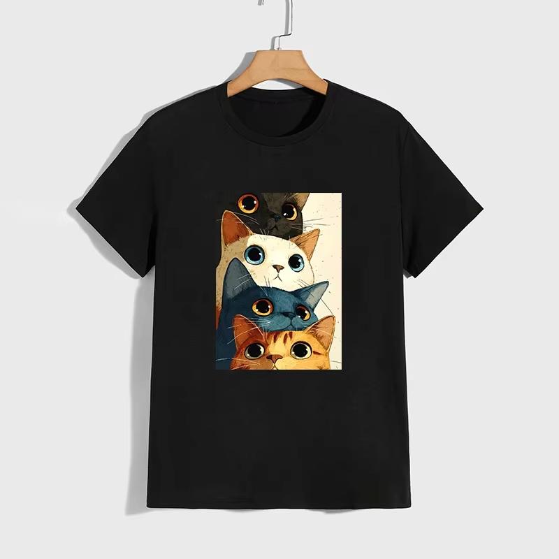 Cute Cat Pattern Tshirt High Grade 100 Cotton Short Sleeve Top 2026 Summer Unisex Unisex Daily Casual Fashion Tees Unisex Clothes