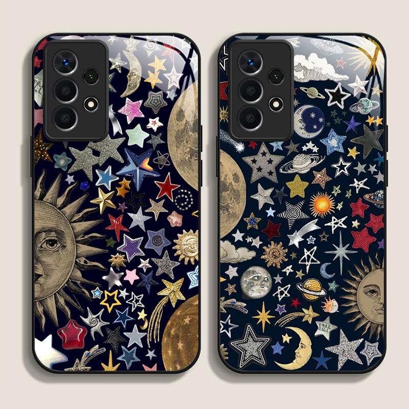 Tempered Glass Phone Case for Samsung Galaxy S25 Ultra S24 S23 Plus S22 S21 S20 FE A56 Luxury Retro Style Stars Planet Y2K Cover