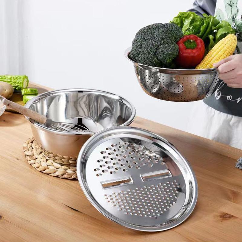 3Pcs Stainless Steel Vegetable Slicer Grater Tool Potato Shredder Mandoline Slicer Food Processor with Drain Basket Anti Cut Hand Guard Kitchen Gadget