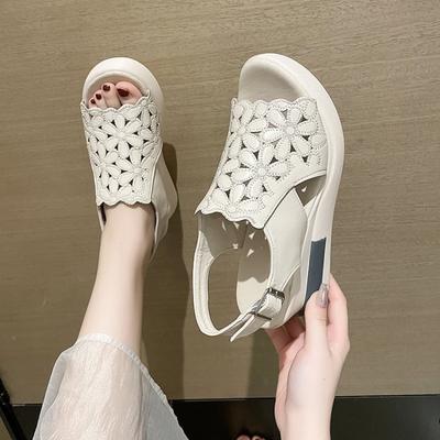 Slope Heel Sandals Women Outer Wear Soft Leather Hundred Hollow Embroidery Thick Bottom Soft Leather
