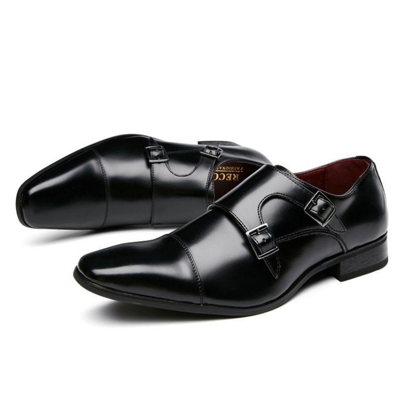 Fashion Luxury Mens Dress Shoes Pointed Toe Cow Leather Buckle Monk Strap Casual Business Wedding Shoes for Men Black Brown