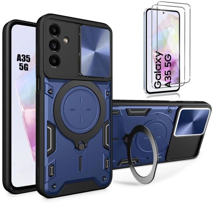 Coque de protection - BOOLING - pour Samsung Galaxy A35 5G - Mode Blindé - 2 Verres Trempés - Support Métal Rotatif