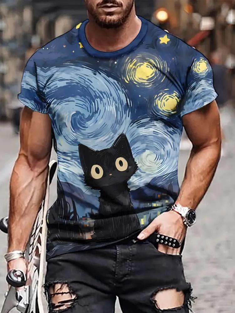 Men T-Shirt Digital Cat Doing Print Summer Round Neck Funny Taekwondo Graphic T Shirts Street Short Sleeve Tee Men's Clothing
