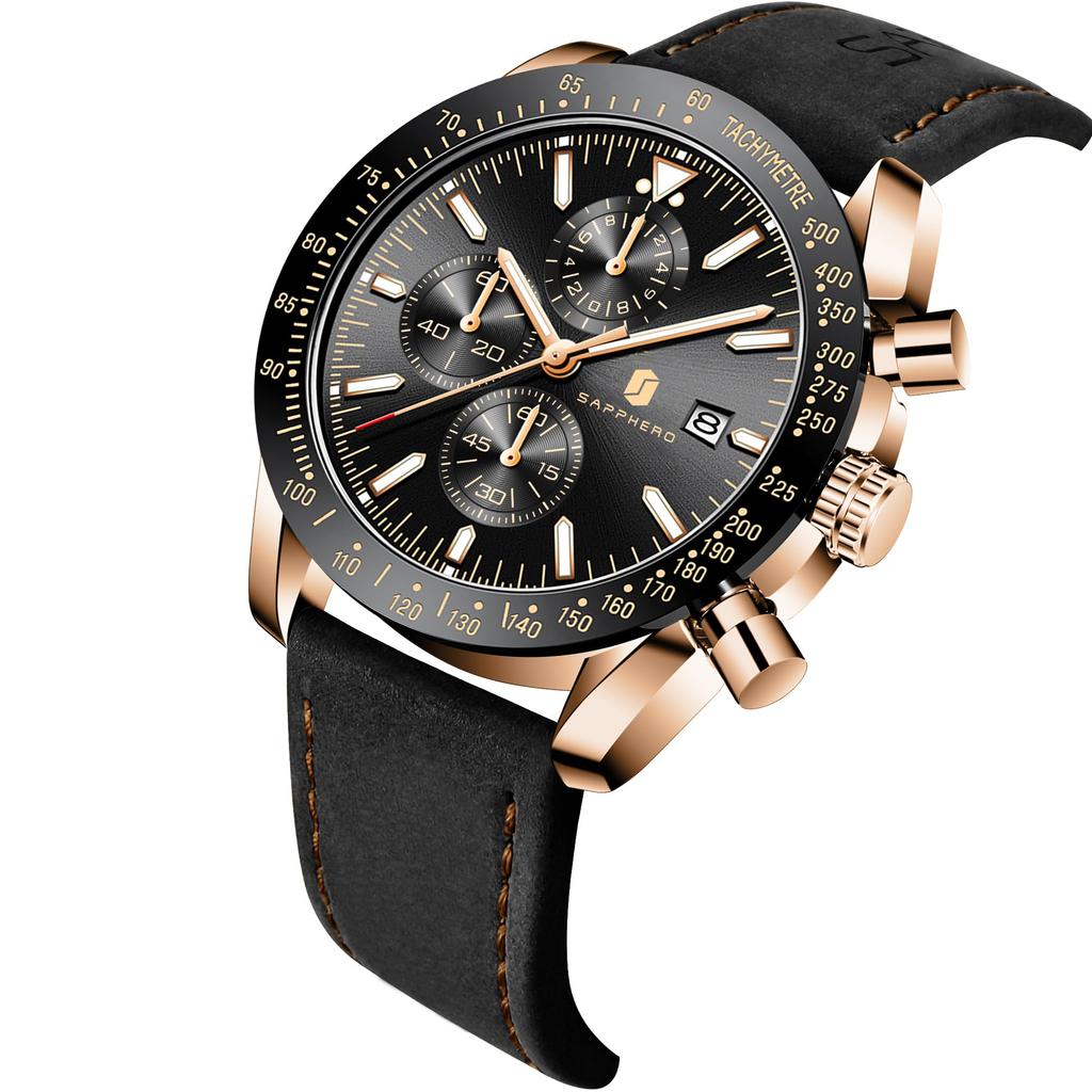 BY BENYAR Watch Chronograph Analog Watch 50M Water Resistant Business Simple Stylish Popular Formal Leather Strap Quartz Watch Gift for Men Black