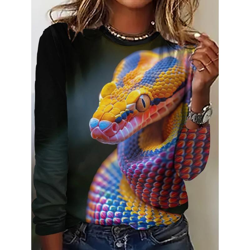 Cartoon Women's Long Sleeve T Shirt Casual Autumn T Shirt Tops Animal Snake Print OverSize Women's Clothing