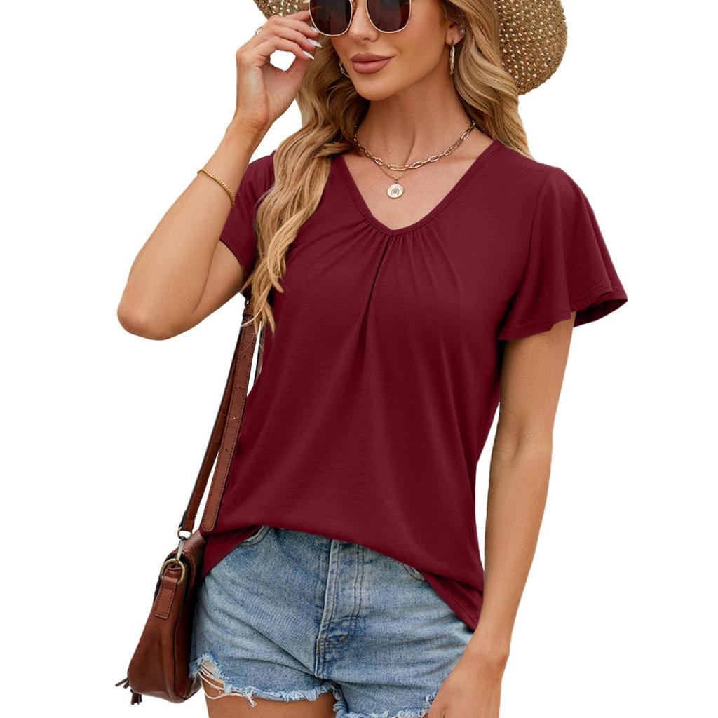 Women's Solid Color Ruched V-neck Loose Short Sleeve T-shirt Top  Summer Casual Fashion