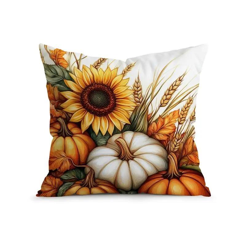 Home Decor Sunflowers & Pumpkins Fall Season Pillow Cover Pattern Cushion Cover Suitable for Sofa Bedroom Car Pillow Cover