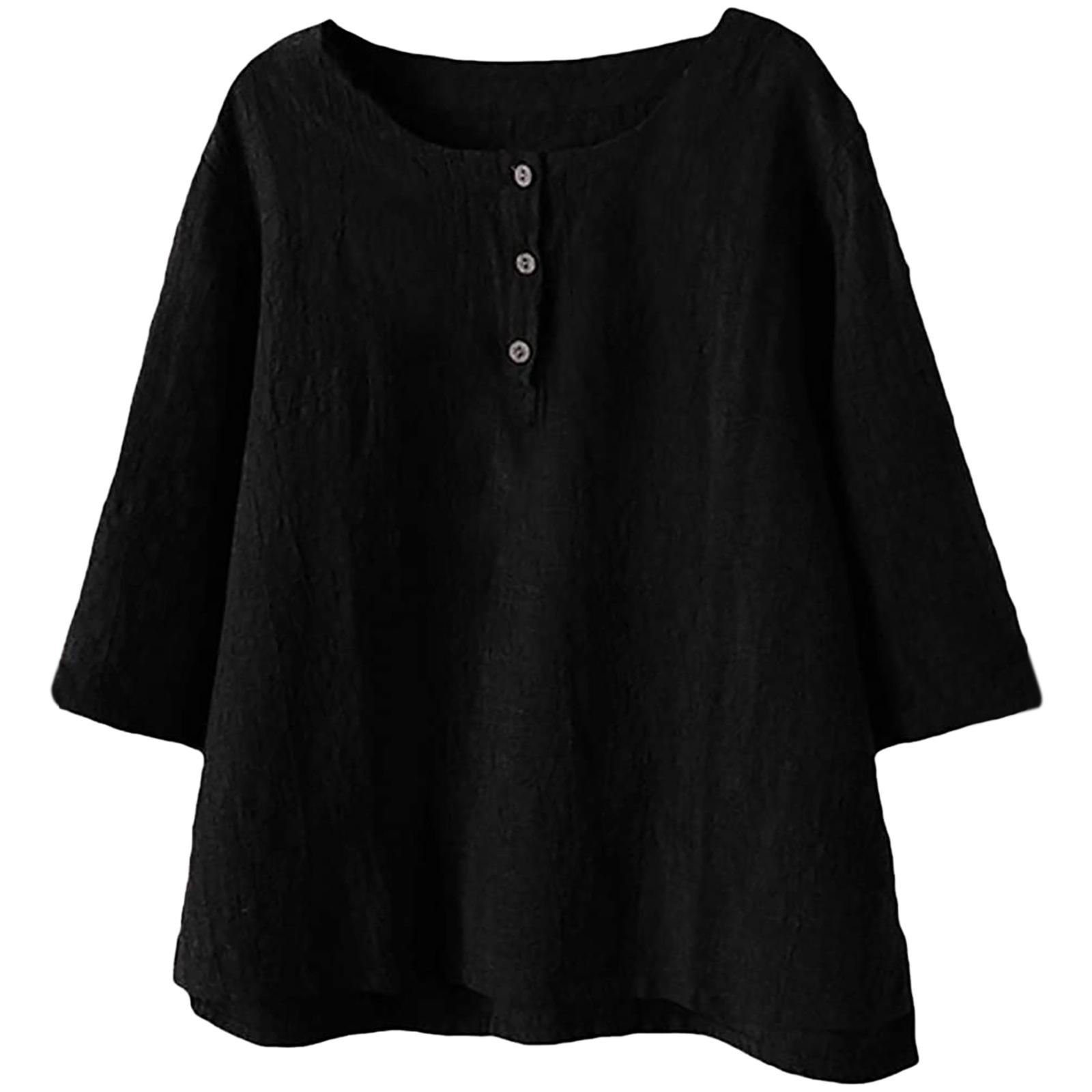 

European and American fashion women s round neck medium sleeve solid color button cotton and linen T-shirt loose trendy brand S чёрный