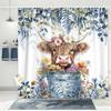 Gray Eucalyptus Highland Cattle Shower Curtain Watercolor Plant Flower Farmhouse Shower Curtain Plant Bathroom Curtain Set With Hook