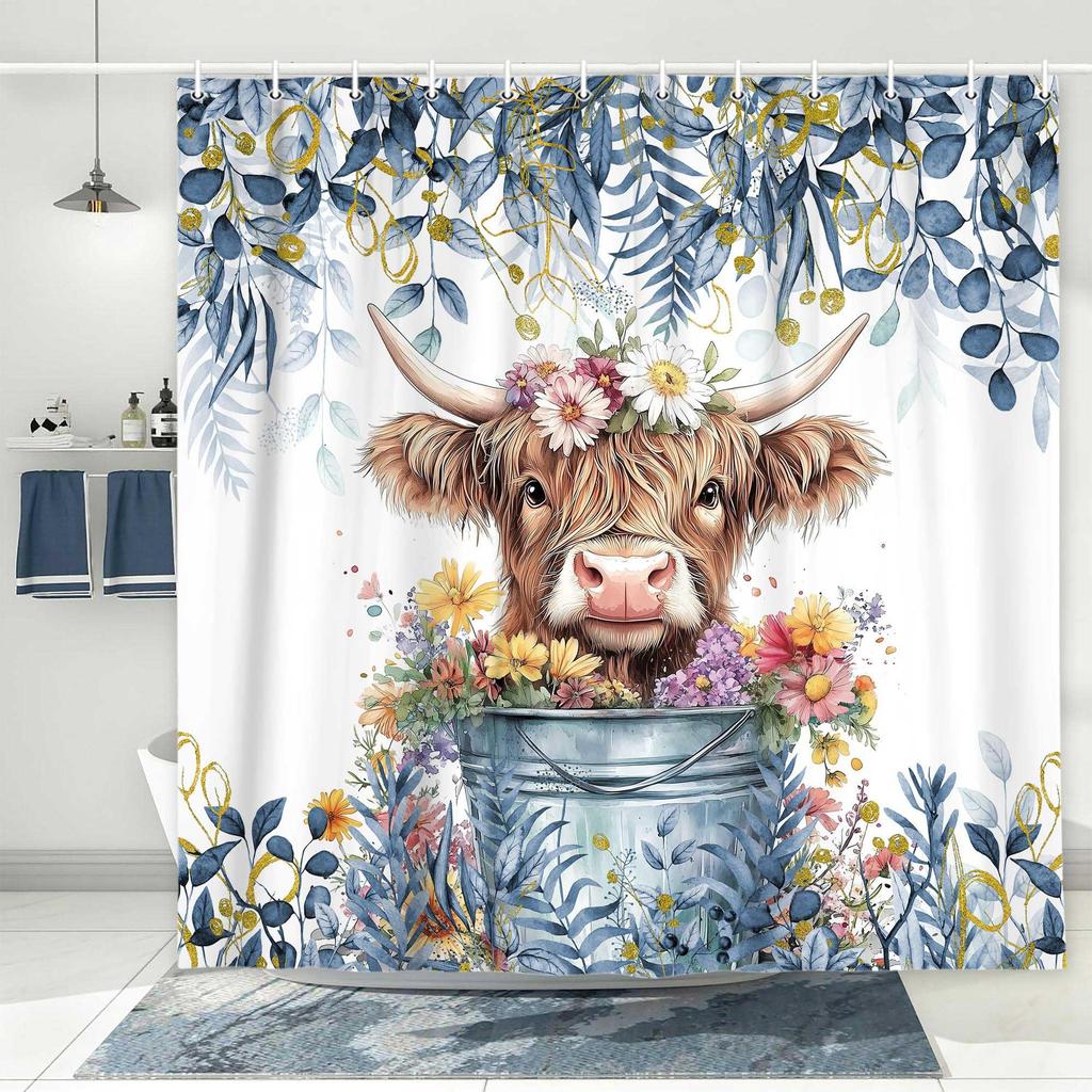 Gray Eucalyptus Highland Cattle Shower Curtain Watercolor Plant Flower Farmhouse Shower Curtain Plant Bathroom Curtain Set With Hook