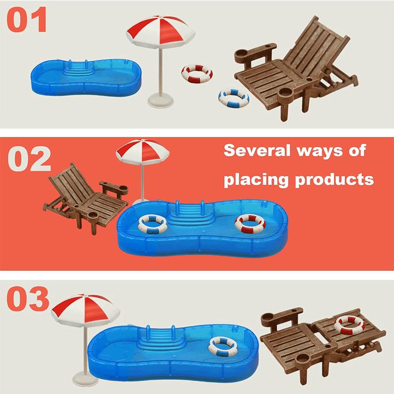 Miniatuurowy domek dla lalek Basen Akcesoria Mini Plaża Akcesoria do domku dla lalek Mini Leżak Parasol Koło do pływania Model basenu