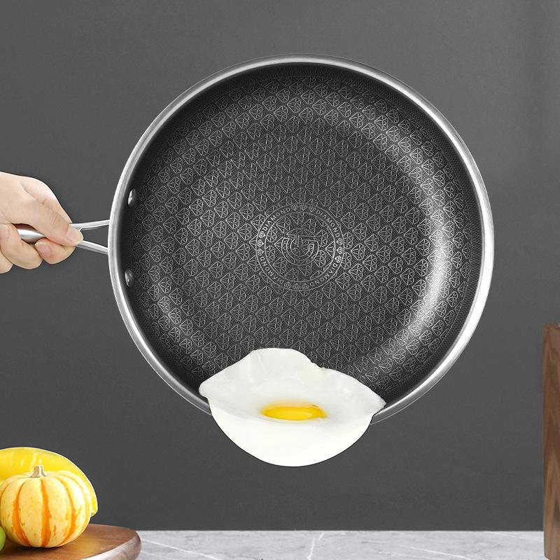 Non-Stick Honeycomb Cookware Set: Wok & Flat-Bottomed Pan, 304 Stainless Steel, Coating-Free.