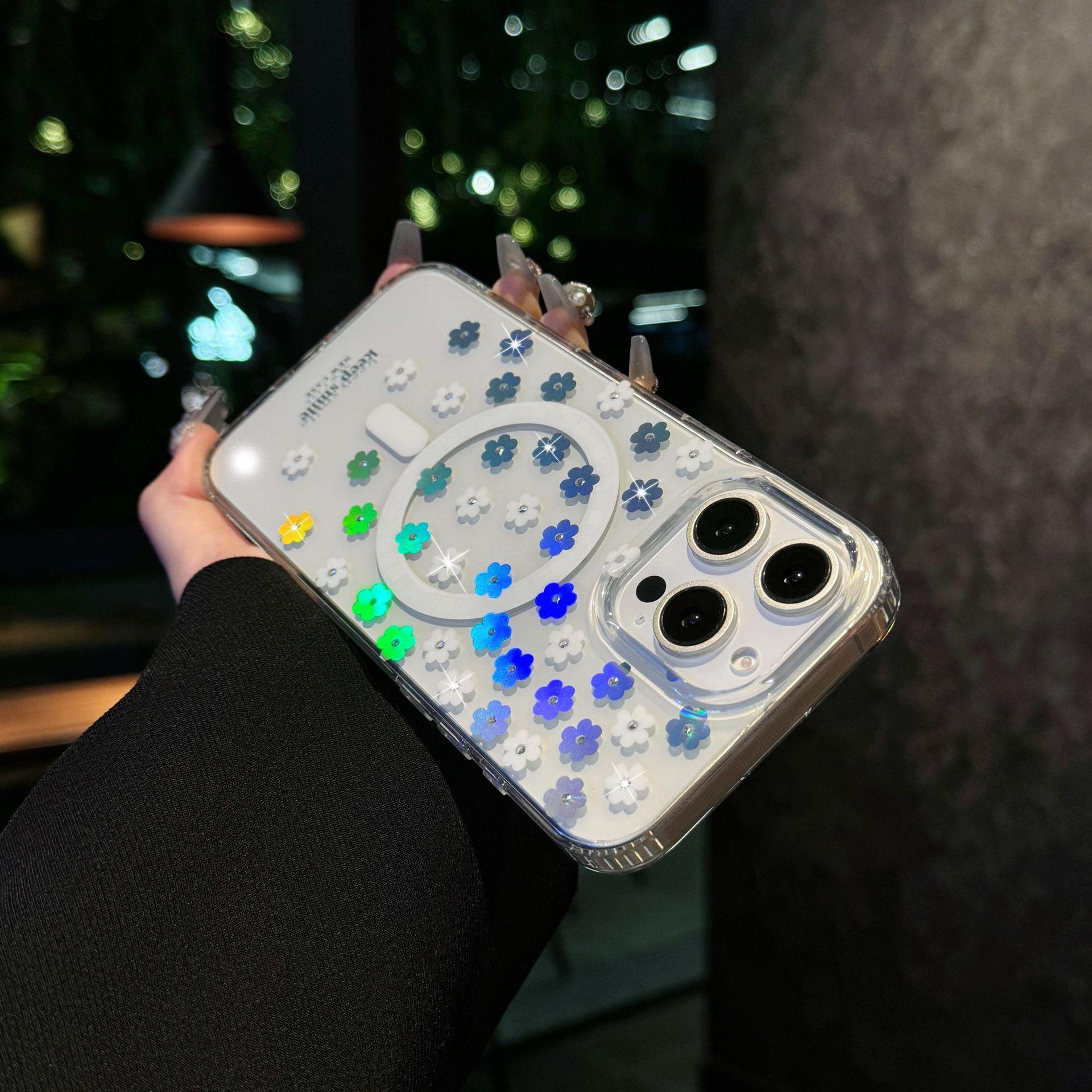 

Подходит для iPhone 16, Лазерный меняющий цвет чехол для телефона Zouju N52, Сильное магнитное притяжение, Мягкий чехол Apple 15 с цветочным узором, инкрустированный бриллиантами iPhone16