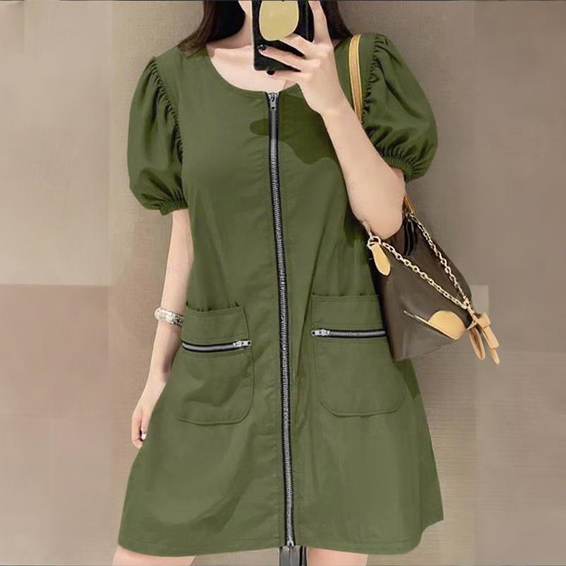 

ZANZEA Женское повседневное летнее платье с круглым вырезом, коротким рукавом и застежкой-молнией S армия зеленый