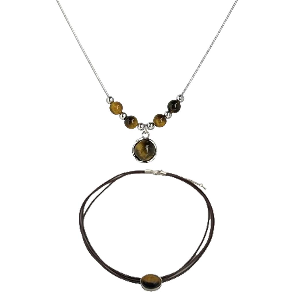 Vintage Leather Necklace Featuring Natural Tiger Eye Stone Adjustable Length Necklace Alloy Texture Present for Women