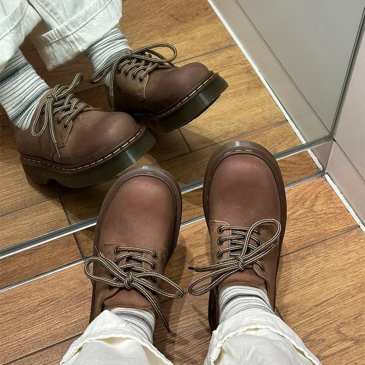 Sheepskin version~ Leather round head Crazy Horse brown Martin shoes British style small leather shoes women's platform muffin loafers single shoes