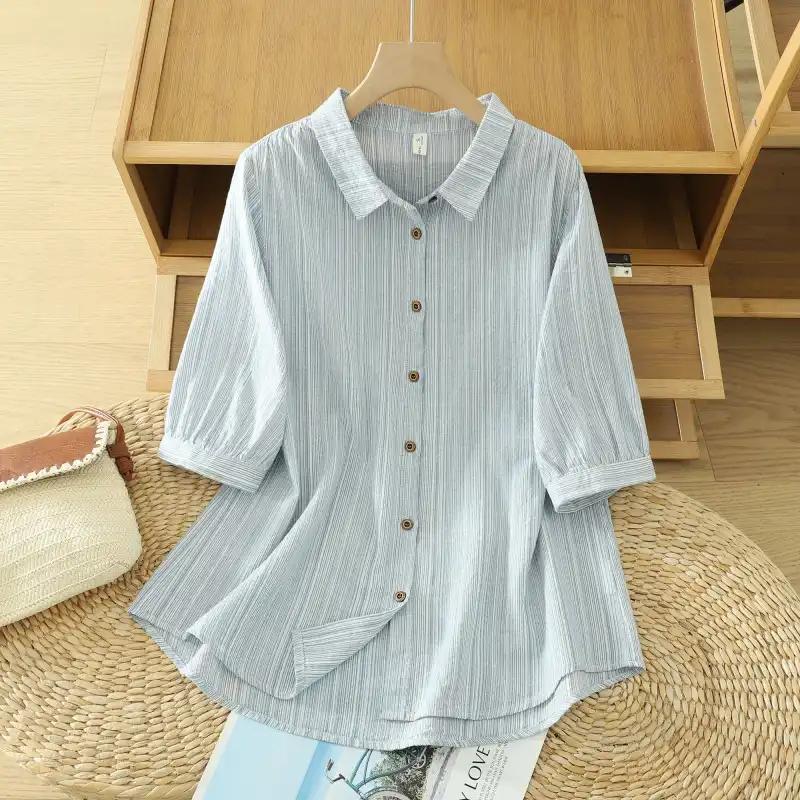 

Women s Light Blue Textured Fabric Turn-Down Collar Short Sleeve Loose Fit Casual Blouse S синий