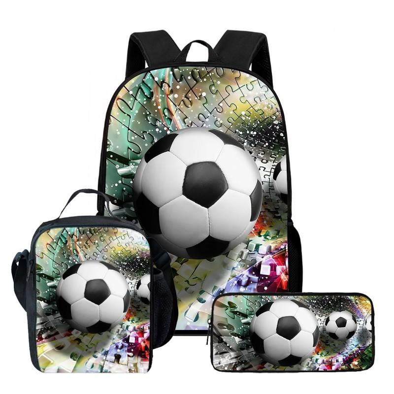Kids School Backpack Set With Lunch Bag Pencil Case - Football Print Oxford Fabric Ergonomic Design Elementary Students