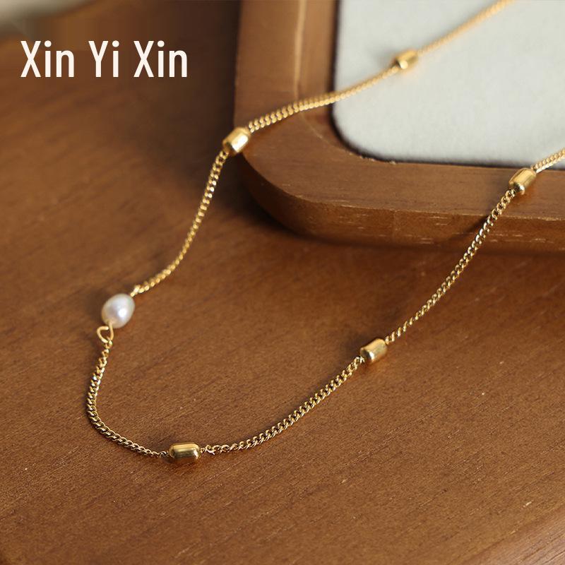 

Exquisite Temperament 18k Gold Bead Chain Pearl Necklace with Titanium Steel Side Clip