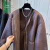 Women's Loose Plus Size Leather Jacket   Zipper Fur Stitching One Round Neck Coat Autumn Winter   Leather Overcoat