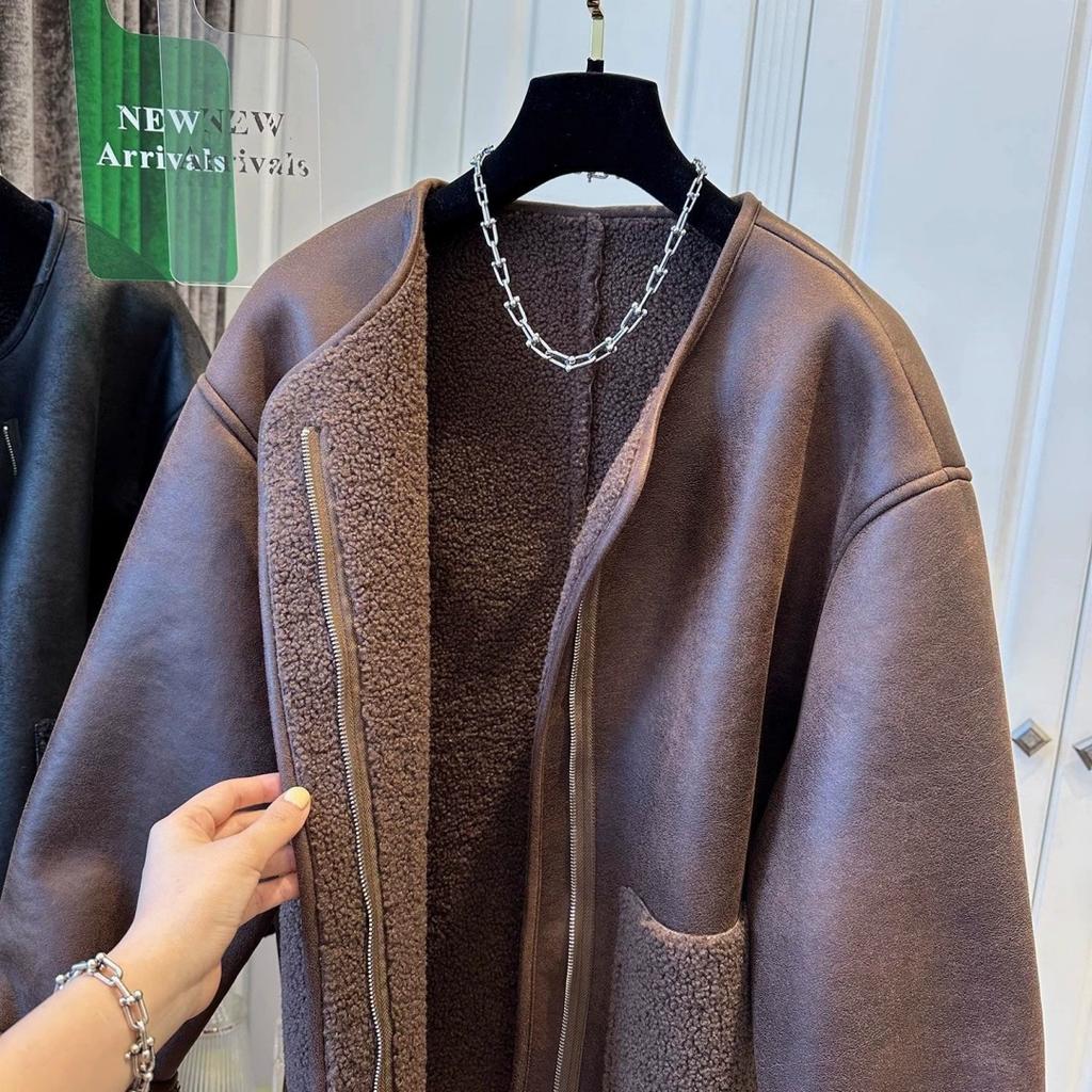 Women's Loose Plus Size Leather Jacket   Zipper Fur Stitching One Round Neck Coat Autumn Winter   Leather Overcoat