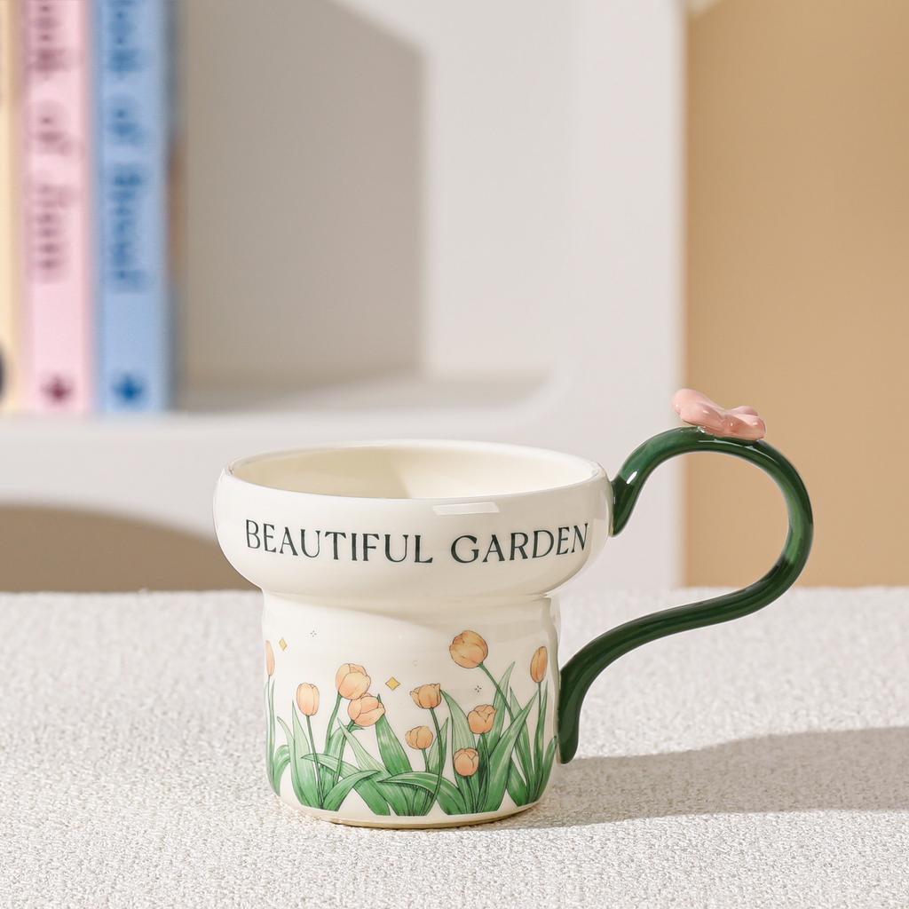 Pastoral belt creative personality mug high value cute flower water cup home office cup girl