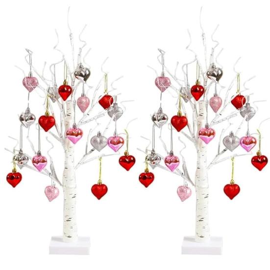 25" Valentine's Day LED Lighted Birch Tree 24 LEDs Artificial Tree Light with Heart Ornaments Romantic Tabletop Decoration for Home Indoor Table Decor
