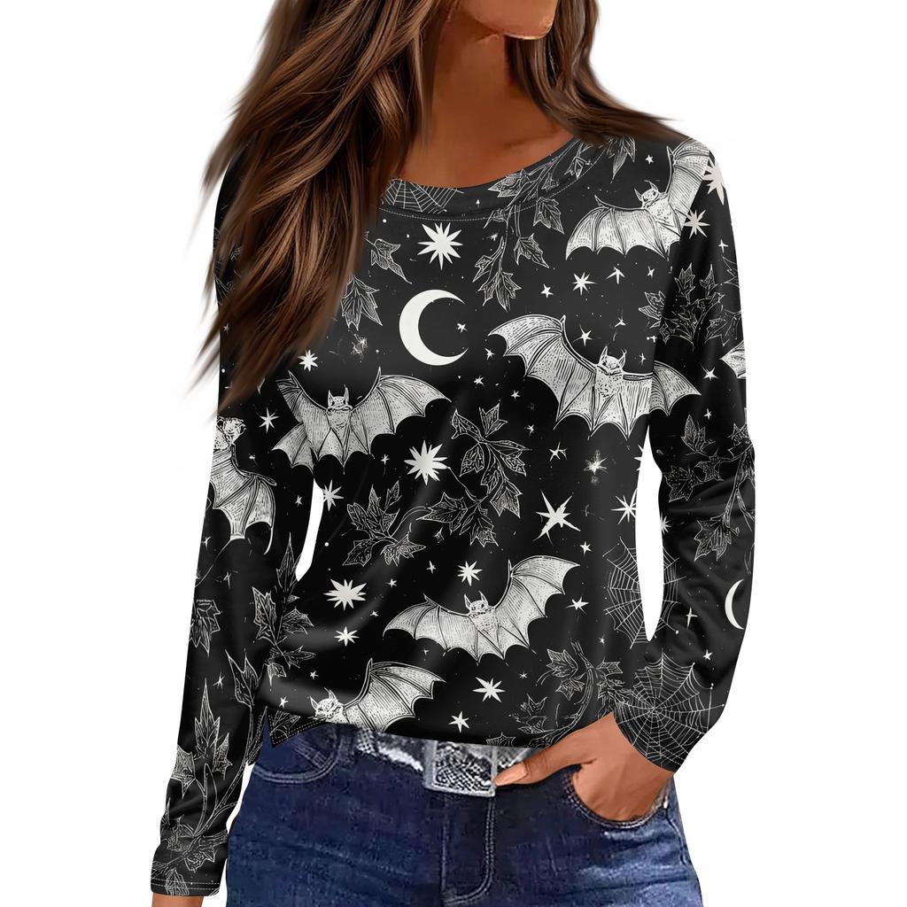 Women's Halloween Print Long Sleeve Top with Round Neck and Hem Slit