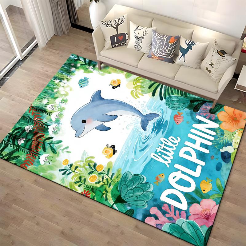 Colorful Carpet with Dolphin, Tropical Ocean Scene, Little Dolphin Text Suitable for use as an anti-slip for living room bedroom sofas