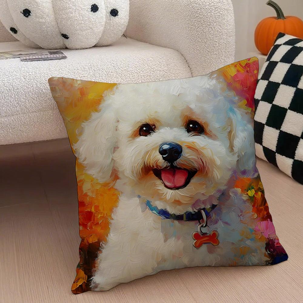 Cute Bichon Frise Pet Cushion Cover Throw Pillow Cover Hidden Button Durable Polyester Chair Cushion