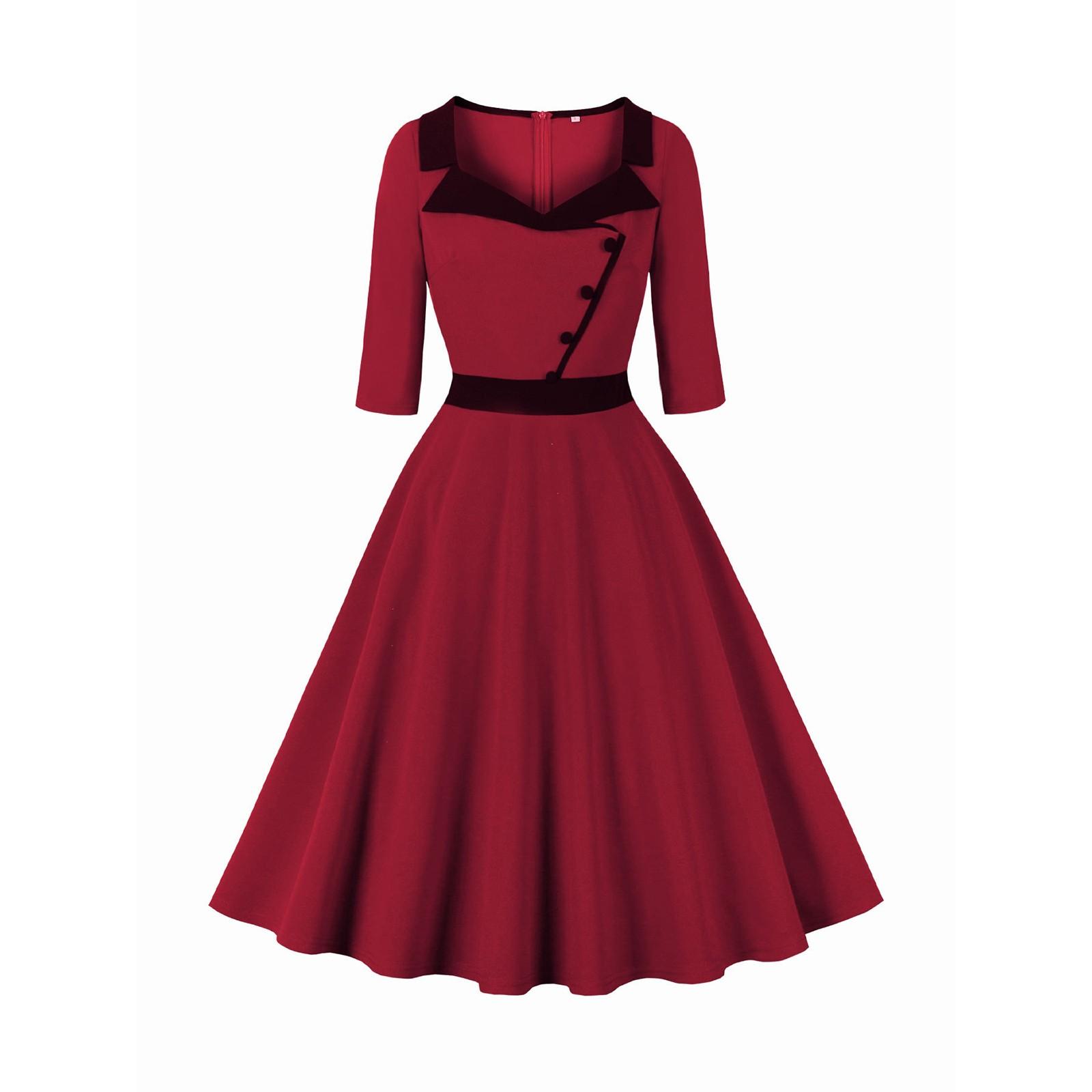 

Женское платье миди с рукавом три четверти, однотонное, в стиле ретро, с воротником-стойкой и большой юбкой-клеш S винный