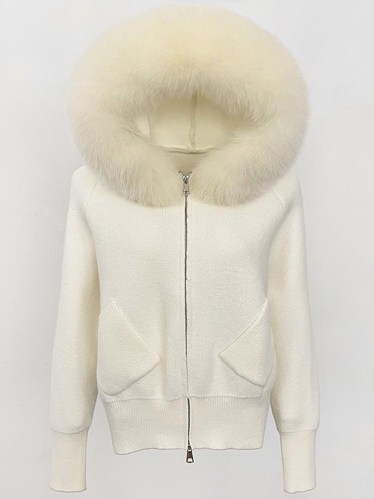 Korean Style Hooded Knit Cardigan with Large Genuine Fox Fur Collar - Luxurious Autumn/Winter Outerwear