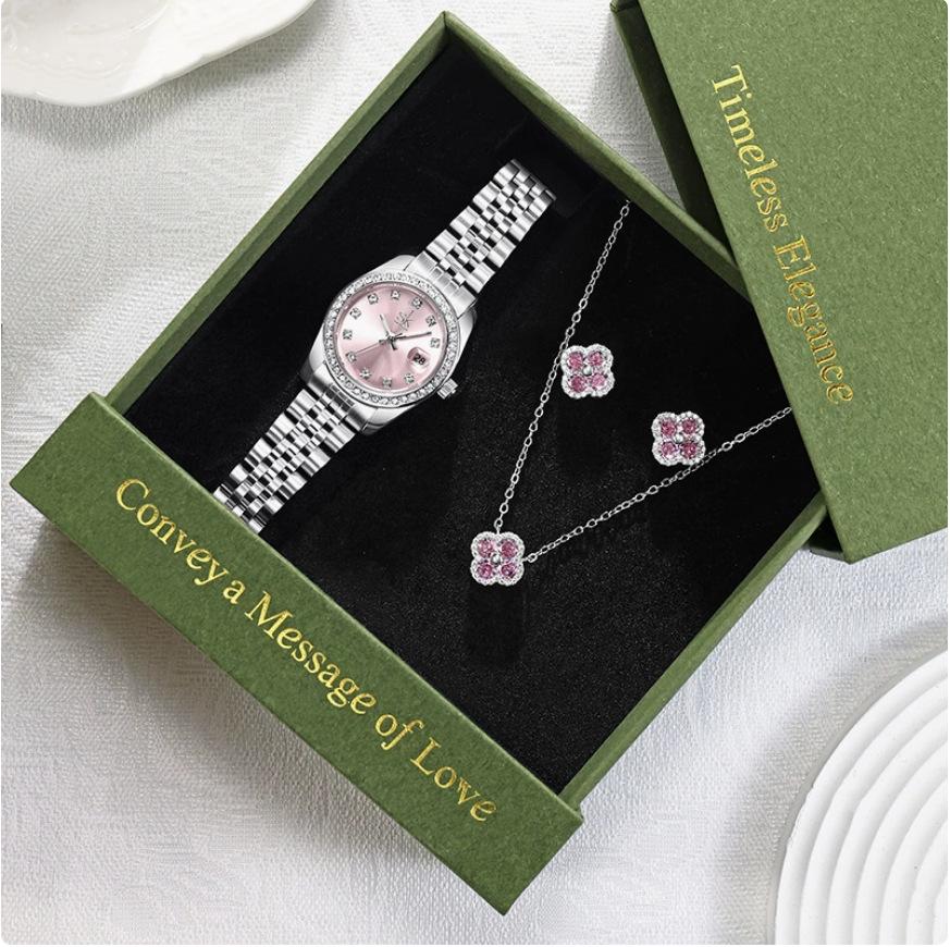 Women's Diamond Watch Set: Elegant Quartz Watch, Necklace & Earrings for Valentine's Day, Gift Box Included