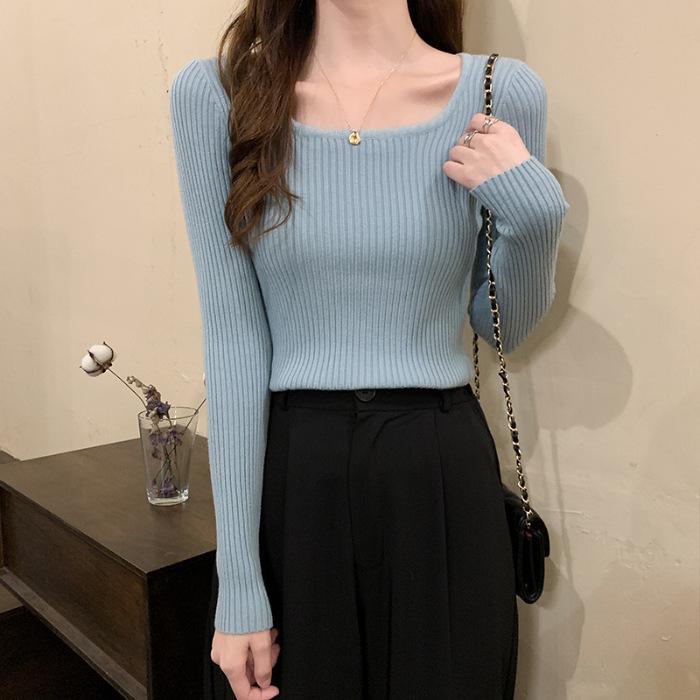 Autumn Winter Women Square Neck Knit Pullover Slim‑Fit Fleece‑Lined Elegant Long‑Sleeve Sweater Low‑Cut Inner Top