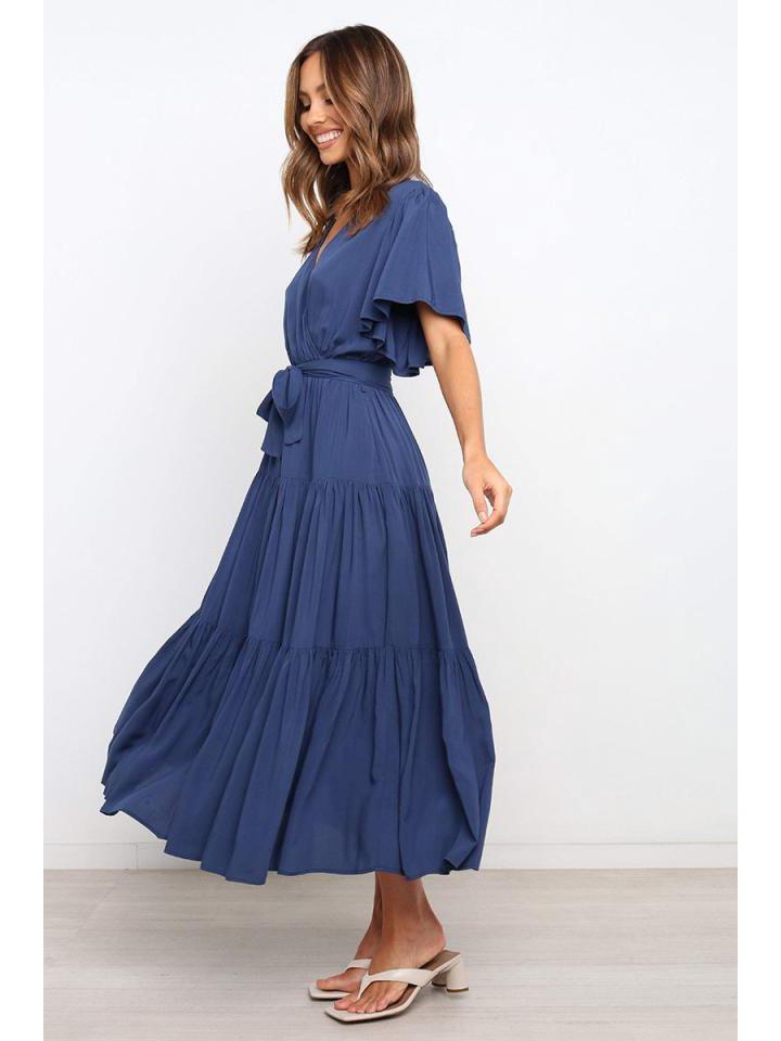 Böhmisches V-Ausschnitt Druck Kurzarm Taillenbetontes Langes Kleid Verfügbar