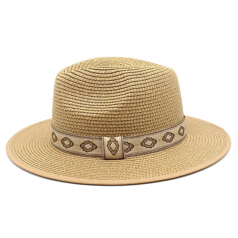 Ethnic Style Retro Red Background Color Matching Straw Hat Men'S And Women'S Sunshade, Sun Protection And Uv Protection Straw Woven Panama Top Hat