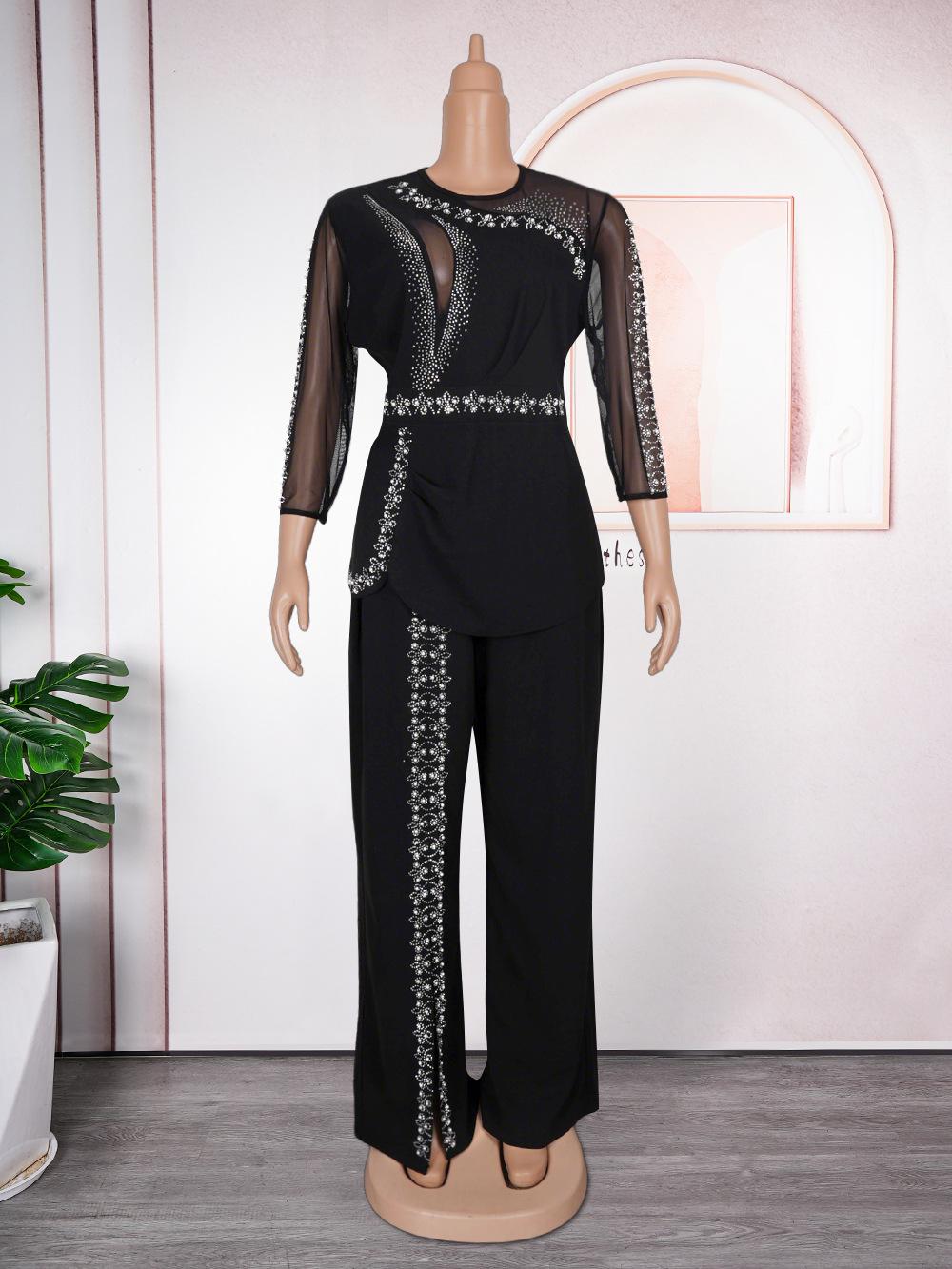 

African Plus Size Muslim Long Sleeve Top and Pants Set for Women L чорний