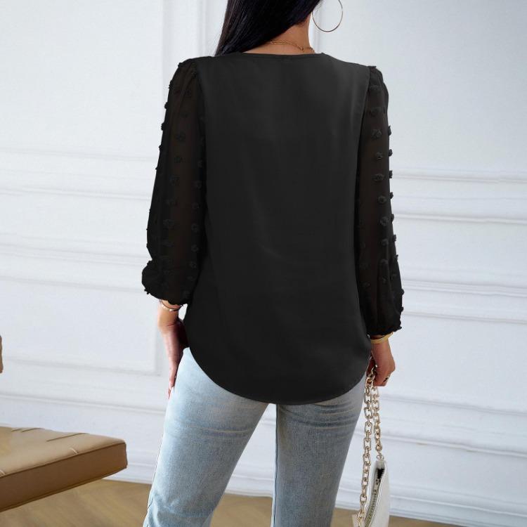 Blusa da Donna Casual Elegante Manica Lunga Scollo a V Colore Unico Larga Camicia Autunnale da Pendolare