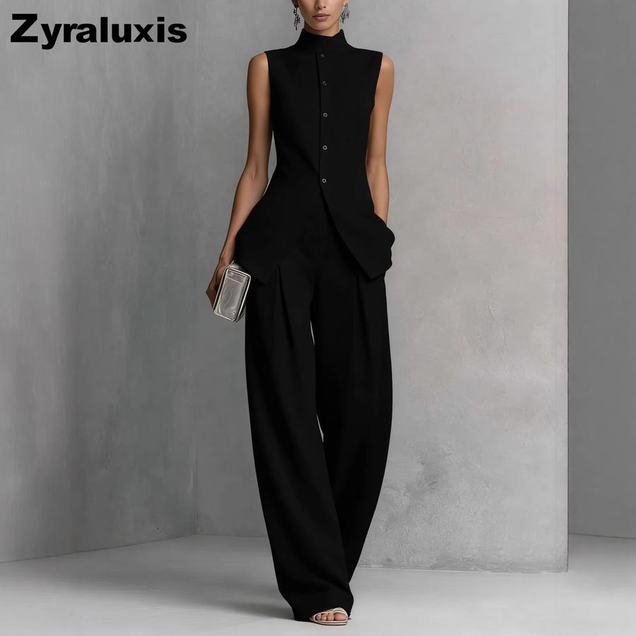 Completo Camicia Lino Cotone Donna Estate Senza Maniche Pantaloni Lunghi Completo
