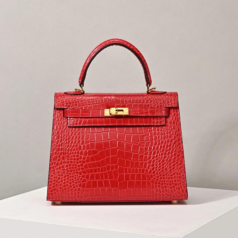 Matte Crocodile Pattern Genuine Leather Kelly Bag - Versatile Handbag, Shoulder, and Crossbody Style