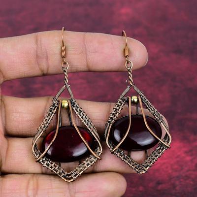 Red Fire Labradorite Gemstone Earrings Copper Wire Wrapped Jewelry Dangle Earring