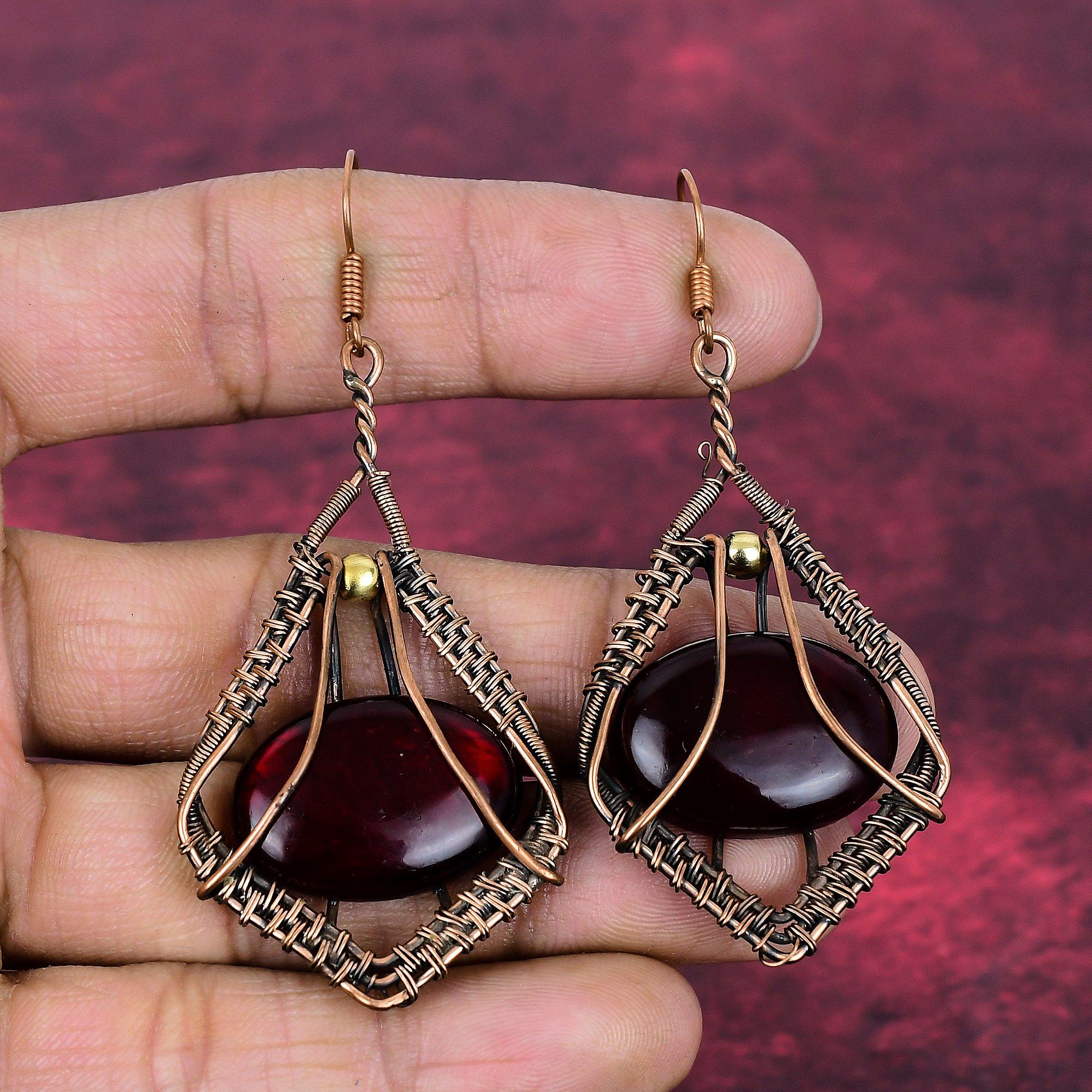 Red Fire Labradorite Gemstone Earrings Copper Wire Wrapped Jewelry Dangle Earring