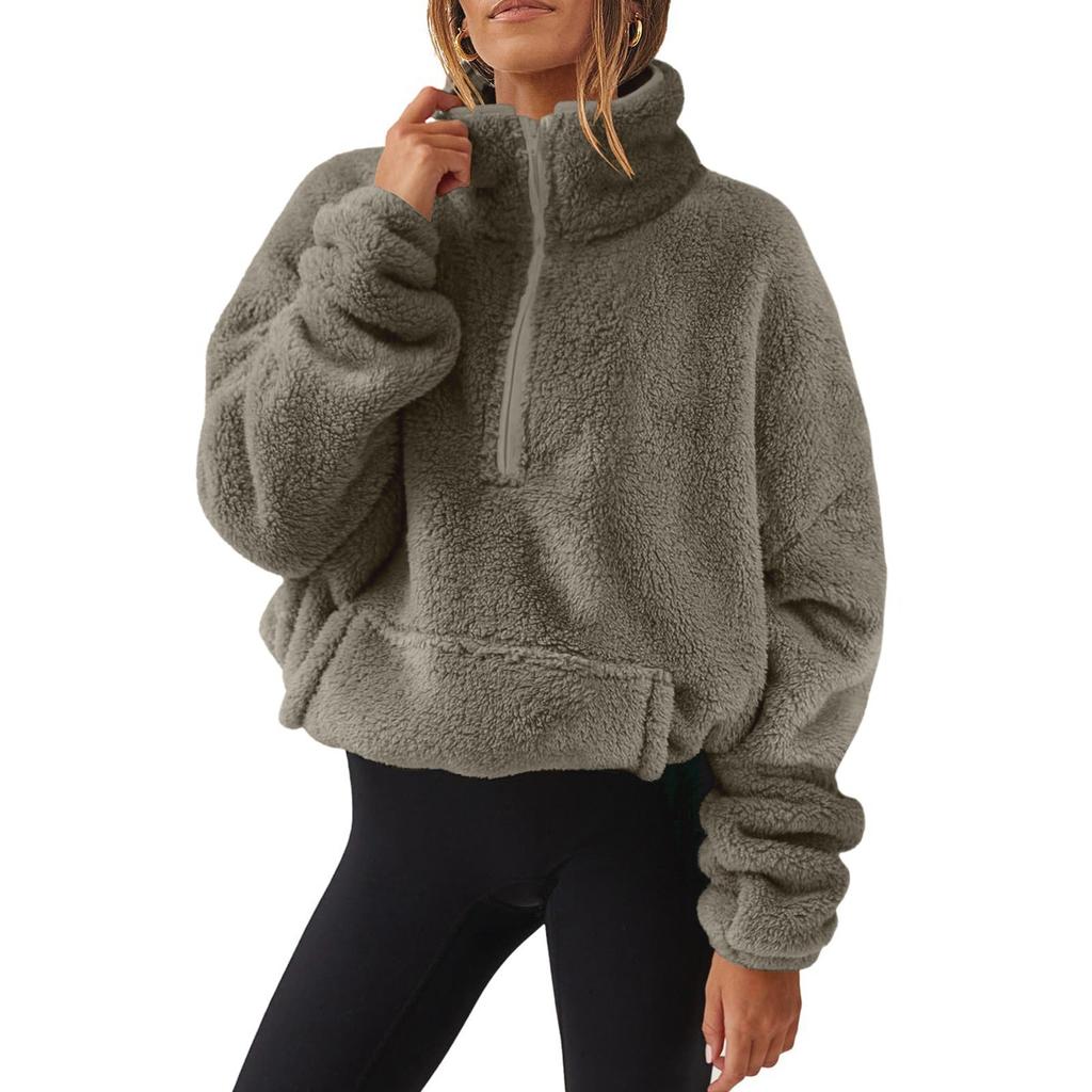 2026 Autumn Winter Women's Plush Fleece Half Zip Sweatshirt, Stand Collar Jacket with Pockets, Cozy Sherpa Lined Casual Top for Cold Weather