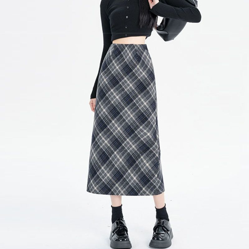 Classic plaid knit midi skirt high-waisted A-line, Fall/Spring, women's clothing.