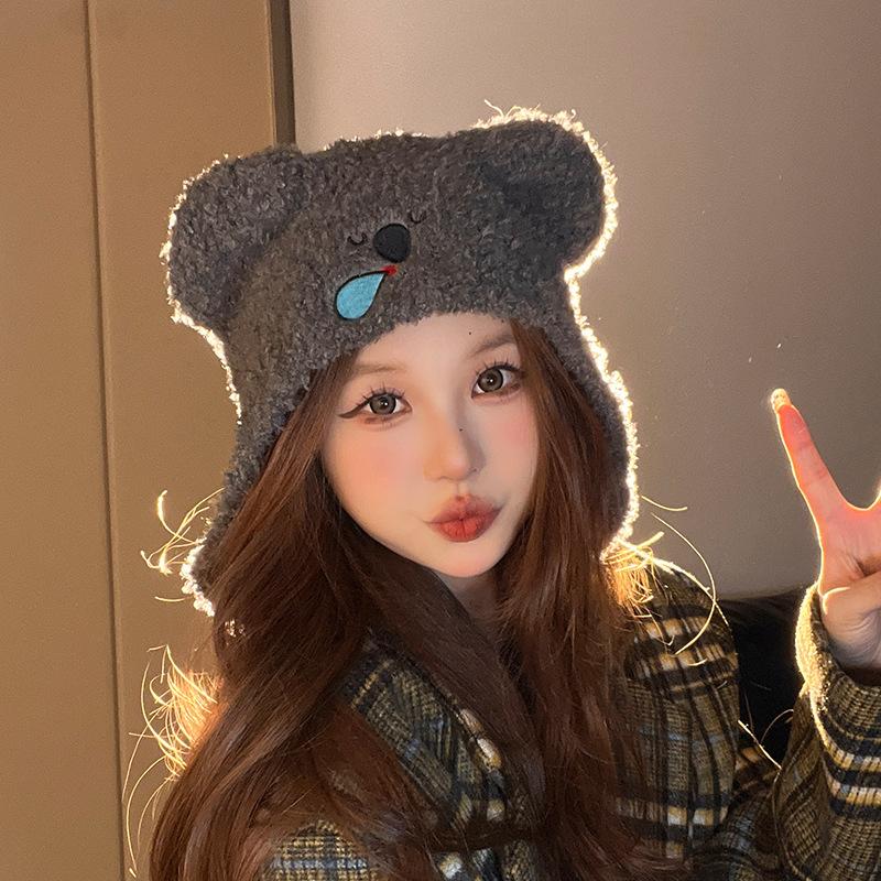 New Hat for Women's Snot Bear Lace Up Plush Hat Autumn and Winter Ear Protection Warm Pullover Hat Knitted Lei Feng Wool Hat