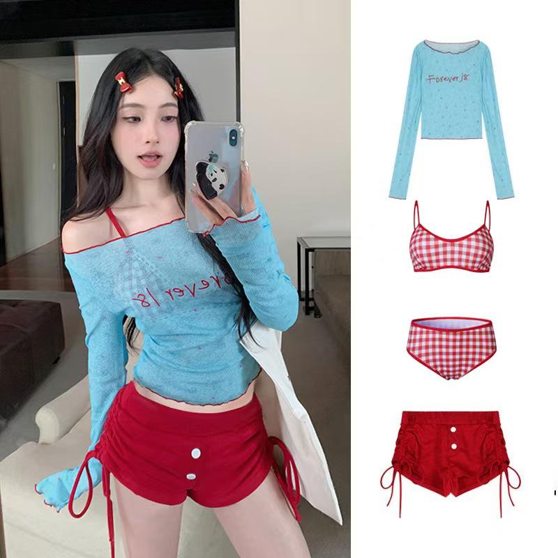 

Женский комплект бикини из четырех предметов 2025: Раздельная юбка, Накидка с длинным рукавом, Купальник Small