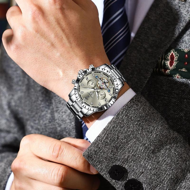 POEDAGAR Top Luxury Men Watch Automatic Date Week Man Wristwatch Hollow Tourbillon Mechanical Stainless Steel Watches