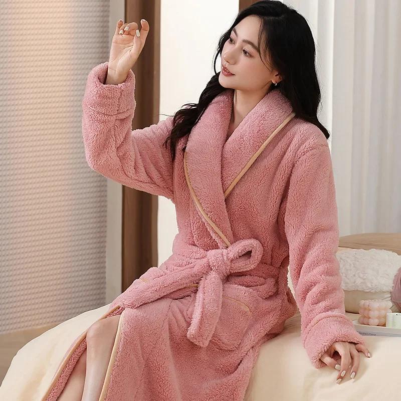Halat lung gros din fleece de corali pentru femei, de iarnă, pentru acasă, culoare pură, care reține căldura, halat de dimineață, design simplu, îmbrăcăminte de noapte de iarnă