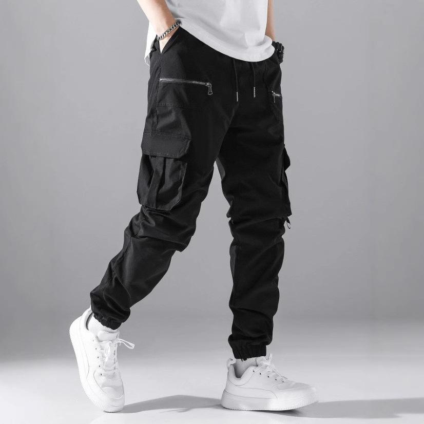 Men's Jogger Cargo Pants Multi Zipper Pockets Drawstring Elastic Waist Streetwear Tactical Ankle Cuffed Trousers