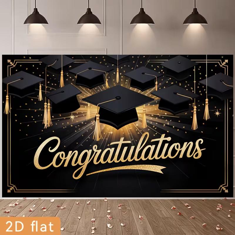 Fondo de Fotografía de Graduación 2D Fondo Negro con Birretes Dorados y Confeti